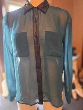 Rue21 Teal Sheer Button-Up Blouse with Faux Leather Trim